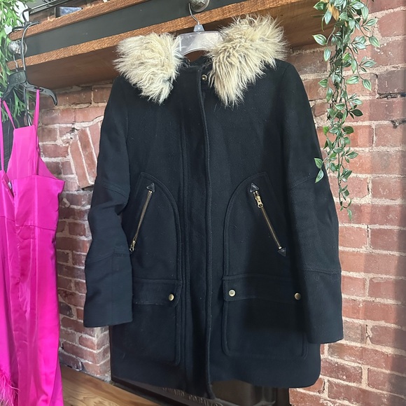J. CREW Chateau Parka Wool Faux Fur Coat, Size 6 Black Stadium Cloth Nello Gori - Picture 5 of 10